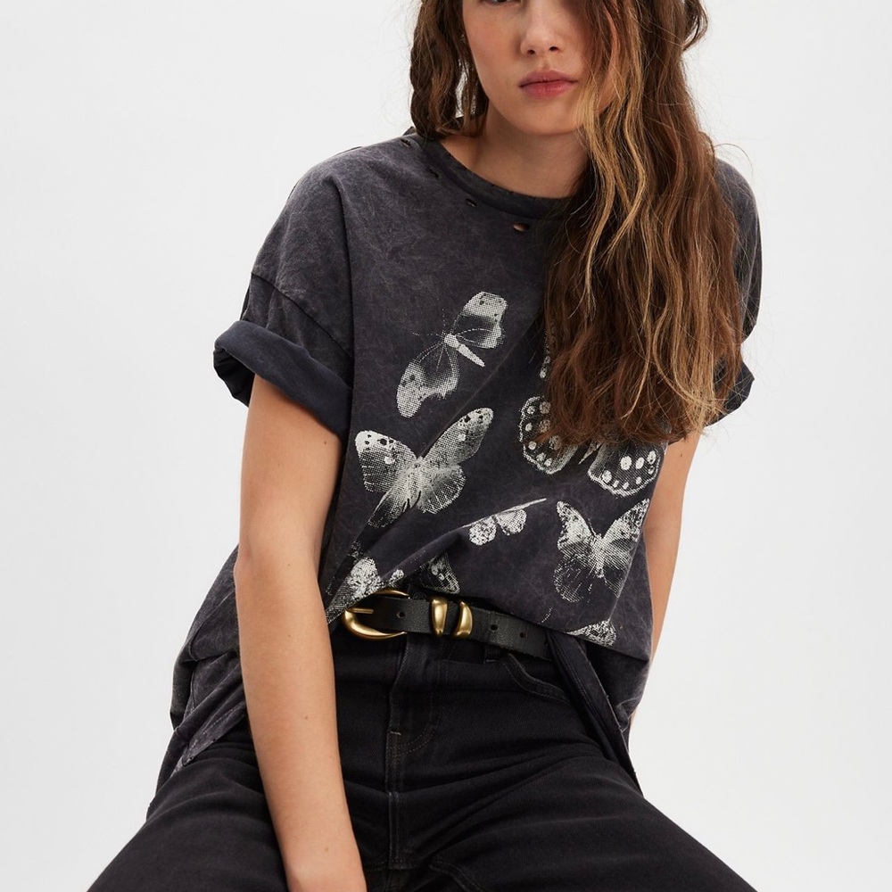 Free People Black Butterfly Oversized Tee